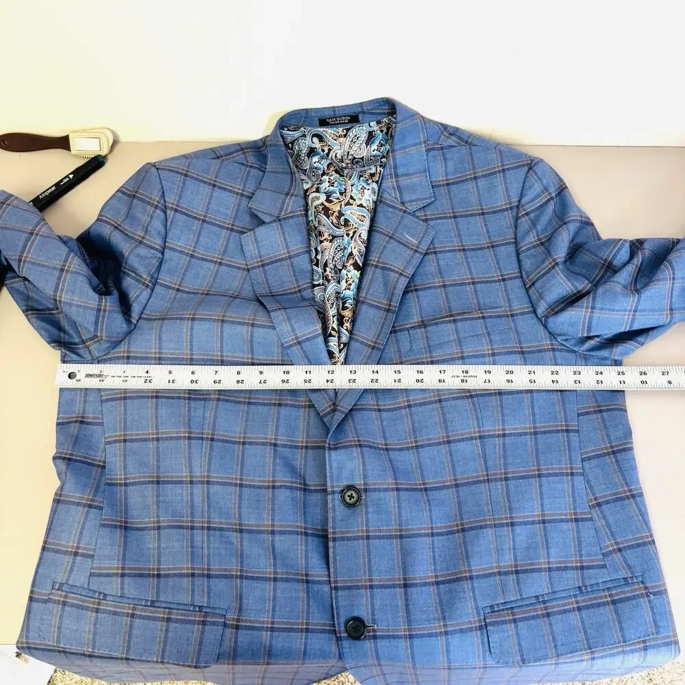Sam Surin Blazer Jacket 2 Button Blue Plaid Size 50L Biella Italy Wool Fabric